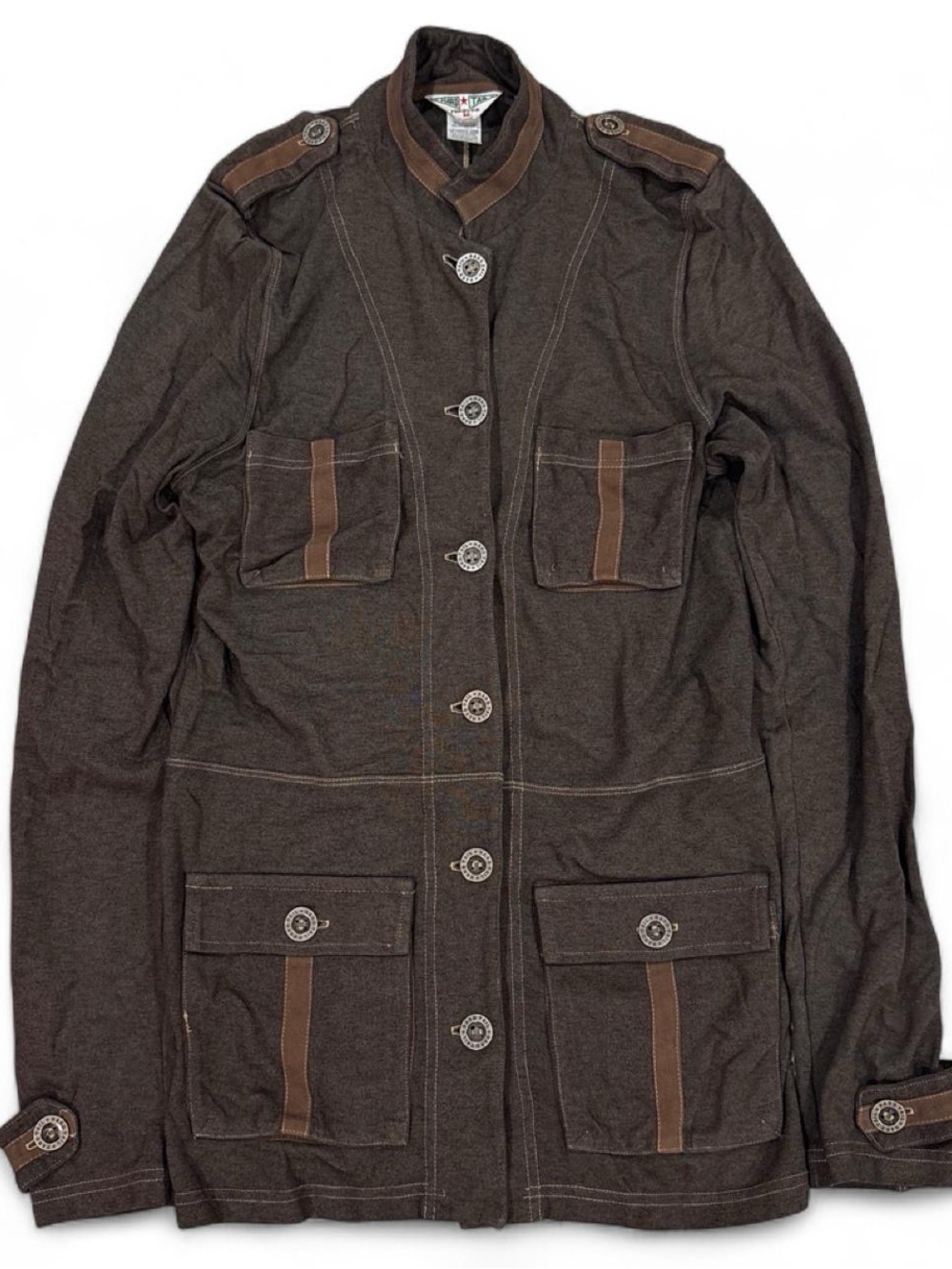 Y2K vintage Hard Tail brown long line  military style jacket with button-up fron